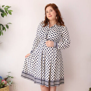 70s Blue &‎ White Dot Dress Striped Long Sleeve